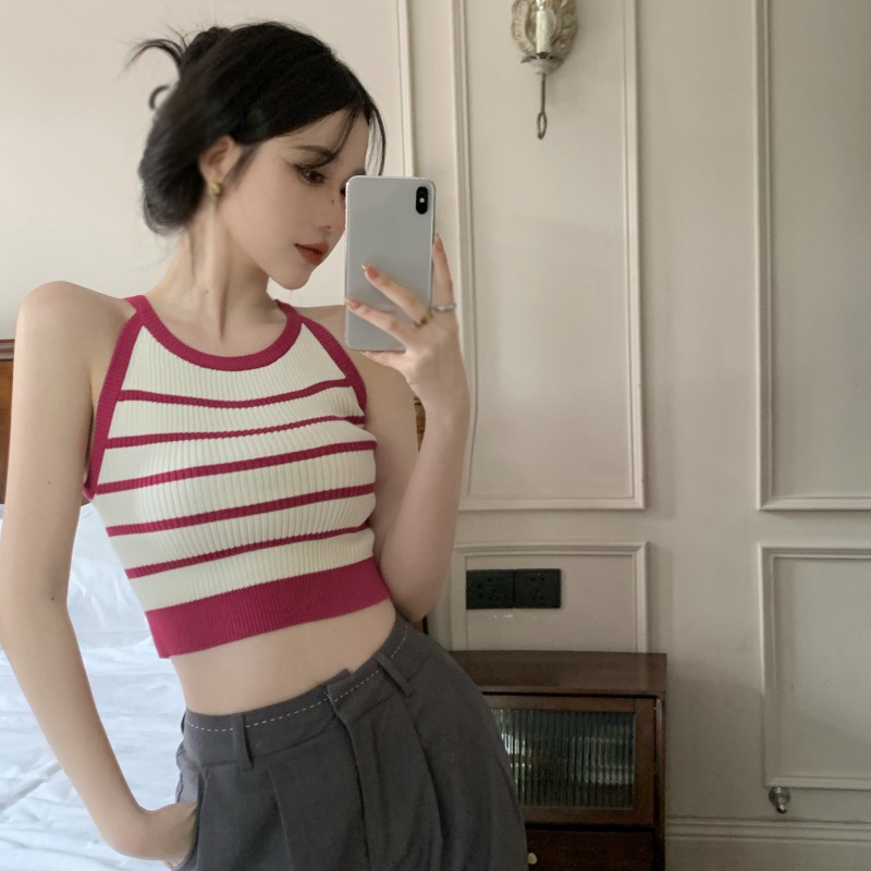 Áo Croptop Dệt Kim Hai Dây Cổ Tròn Ôm Dáng Họa Tiết Kẻ Sọc Gợi Cảm Mùa Hè Hàn Quốc Cho Nữ
