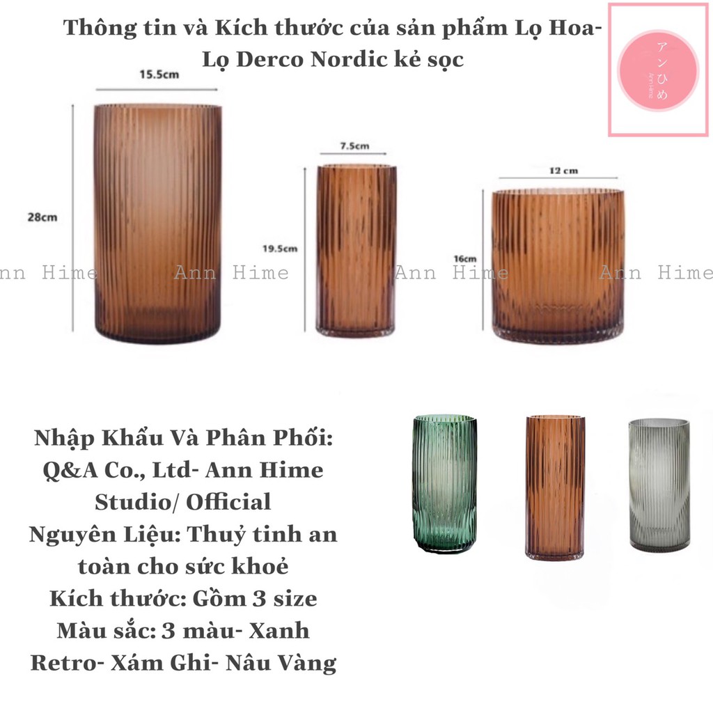 Bình Hoa Thủy Tinh Vân Sọc Dọc Phong Cách Nordic Bắc Âu Cắm Thạch Nam Size Đại 28x15.5cm