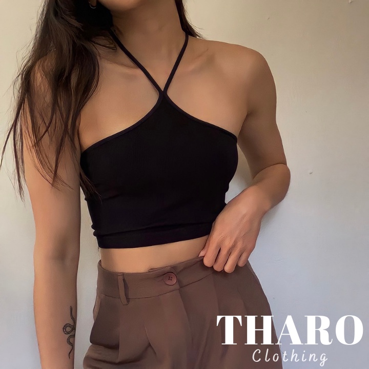 [Mã FAMARAL2 giảm 10K đơn 50K] Áo Croptop Nữ Gân Tăm, Áo Cổ Yếm Dây Nhỏ - Tharo Clothing