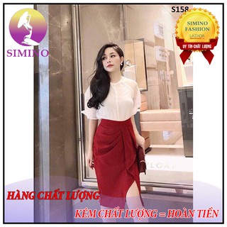 [GIÁ SỐC] Set áo trắng và chân váy đỏ, Set áo trắng và chân váy đỏ cách điệu, Set áo voan mix chân váy vạt lệch bèo