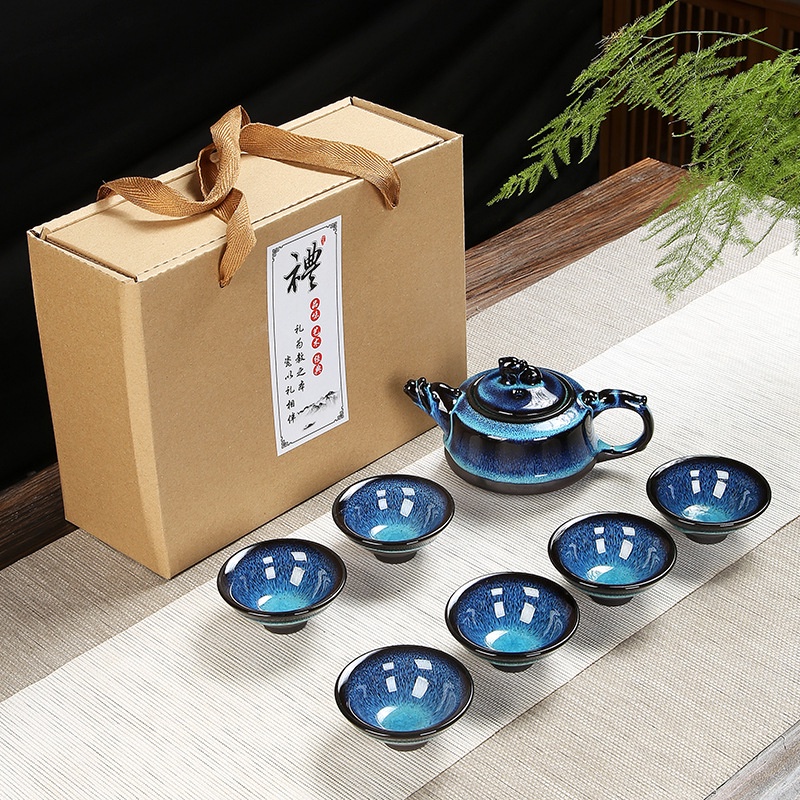 Bộ Ấm Chén Pha Trà Đạo Men Thiên Mục Lông Thỏ Hỏa Biến