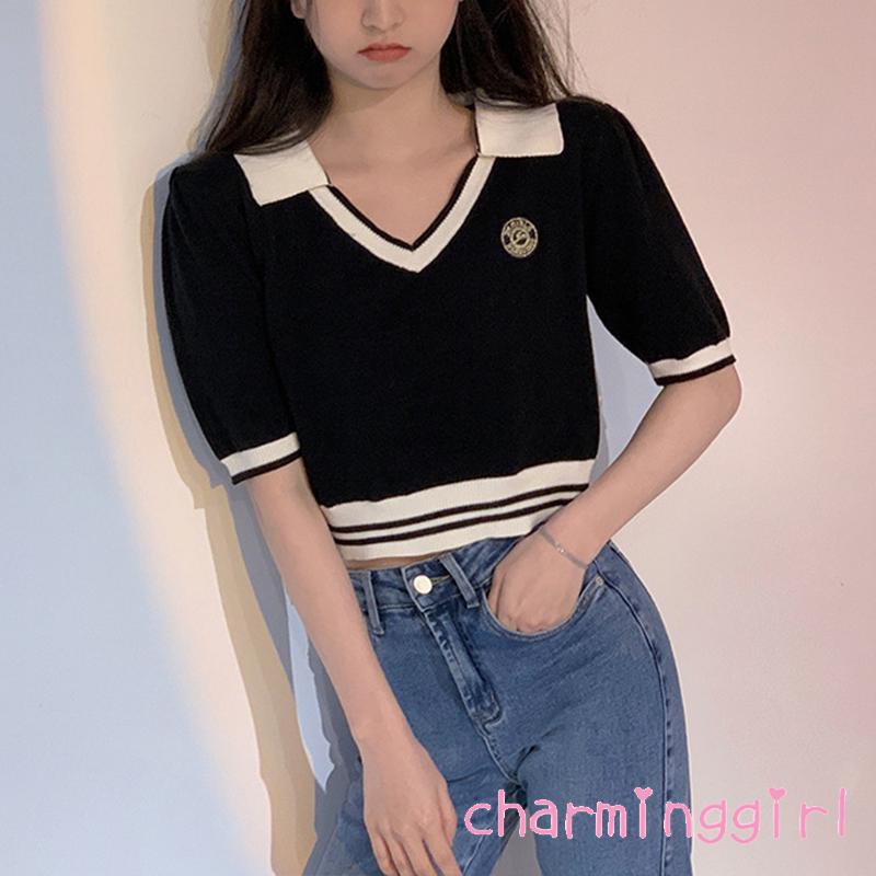 QAQ-Women Short Sleeve Polo Shirt Applique Pattern and Stripe Printing V-neck Pullover