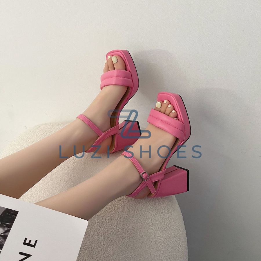 Giày sandal cao gót nữ quai ngang đúp trước 2p gót vuông cao 10p, dép nữ quai ngang may bồng có nâng đế phía trước
