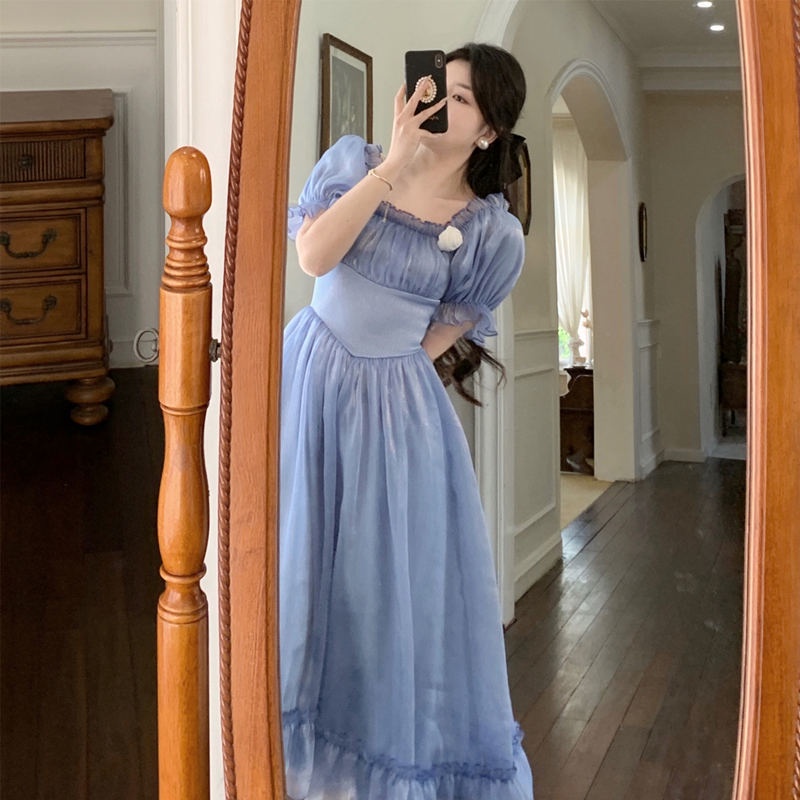 Women's French dress specially designed back bow waist tight court style first love skirt retro gentle