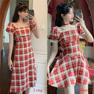 Đầm cổ vuông hoạ tiết kẻ carô có bigsize