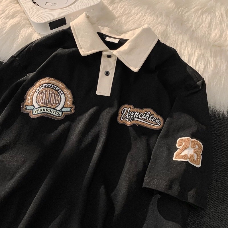 Áo Thun Polo Unisex VERNI màu ĐEN/TAN form rộng  Chất thun da cá form nam nữ unisex/Áo thun có cổ Jaystoree