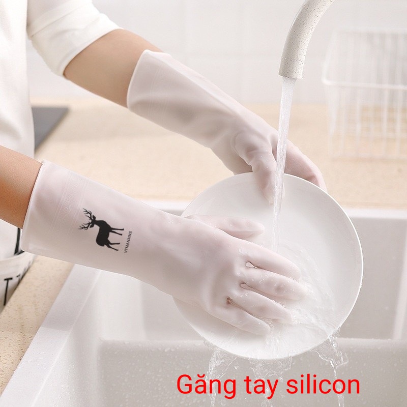 Găng tay huơu ngắn Silicon siêu dai, Găng tay rửa bát nhà bếp cao cấp tiện dụng