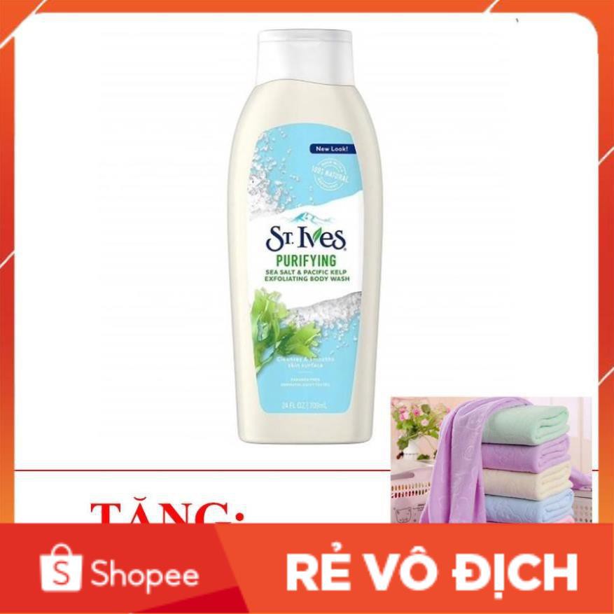 Combo Sữa Tắm Tinh Chất Muối Biển St.Ives Tẩy Tế Bào Chết 709ml + Khăn Tắm Nhật 140x70cm