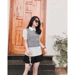 Áo phối caro tay bồng cổ sen