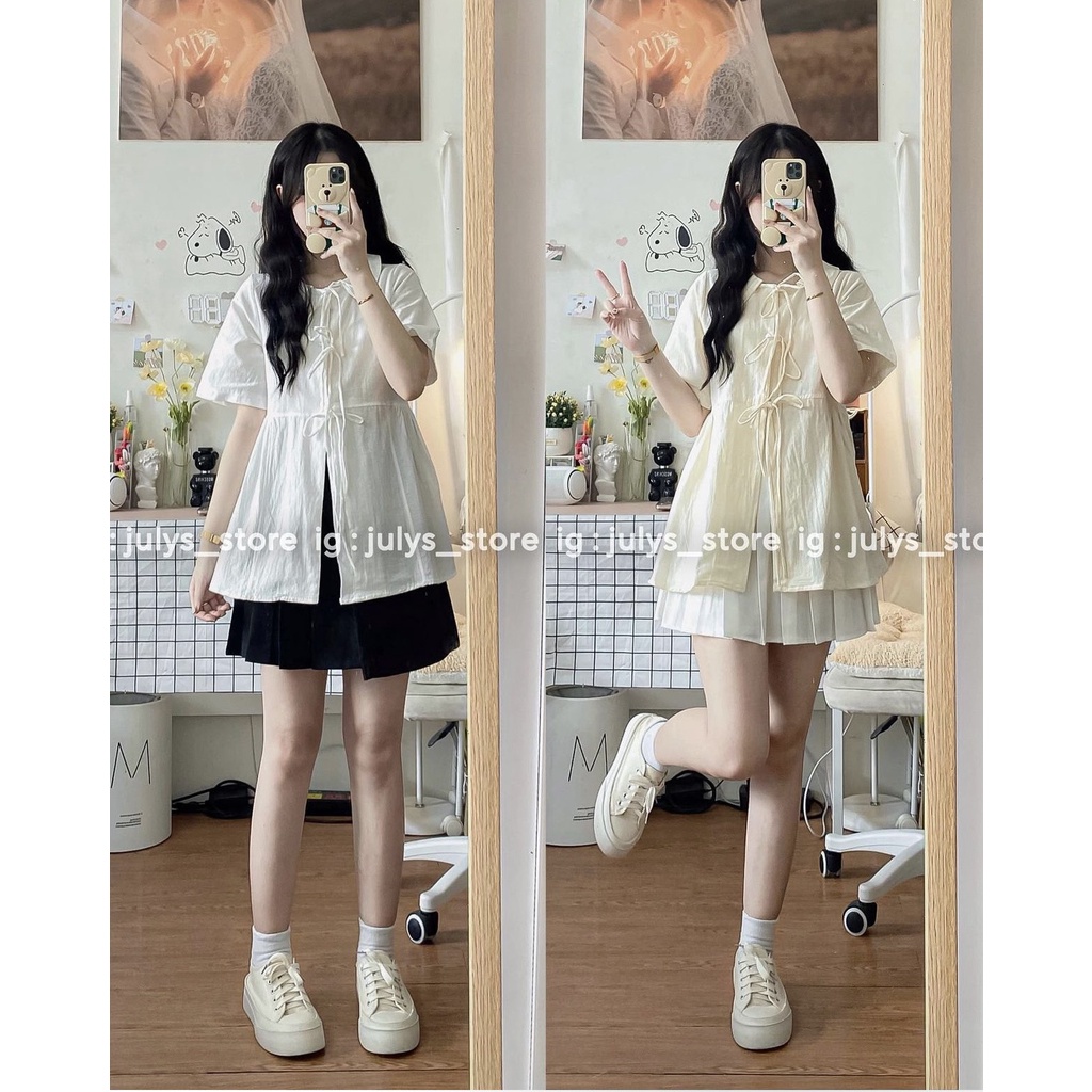 Áo sơ mi babydoll dáng xòe thắt nơ dây ulzzang