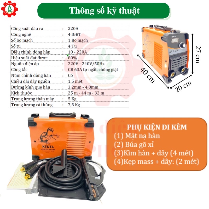 Máy hàn điện tử KENTA ARC 220A | Công suất 220A | Sử dụng que hàn 3,2 - 4.0 ly | Công nghệ Nhật Bản