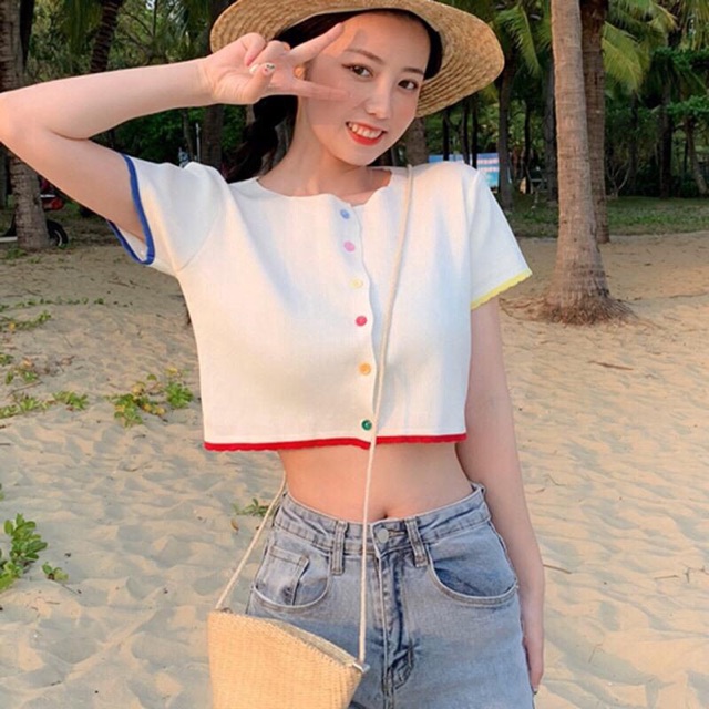 [Mã FASHIONT4WA2 giảm 10K đơn 50K] Áo Croptop thun giấy phối viền cúc cầu vồng | BigBuy360 - bigbuy360.vn