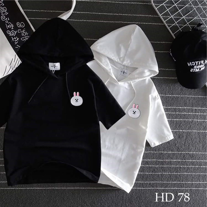 Áo thun HOODIE UNISEX TAY LỠ CÓ NÓN logo thỏ NAM NỮ