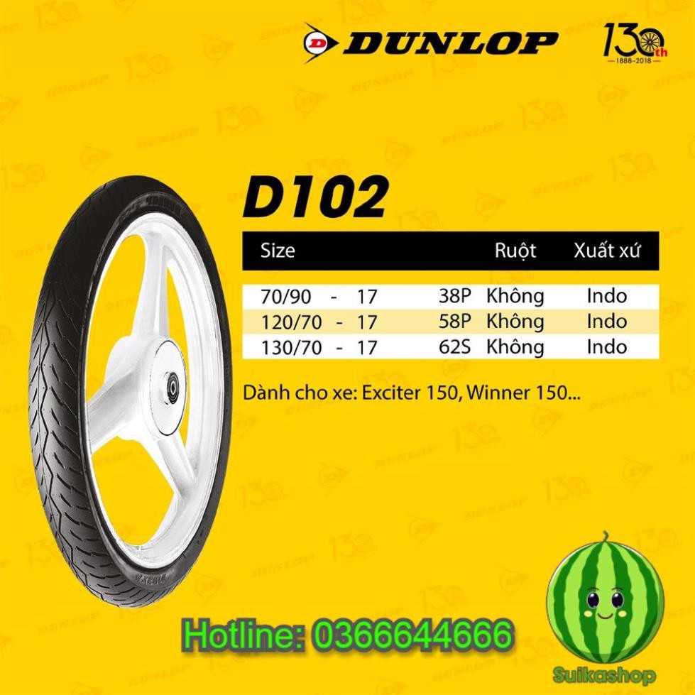 Lốp Dunlop cho bánh sau Exciter 150 độ (D102 130/70-17 TL) xuất xứ Indo