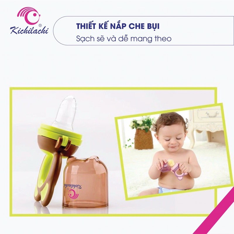 Túi nhai ăn dặm KICHILACHI chống hóc hình gấu,an toàn không BPA, có 3 núm nhai và kẹp xích