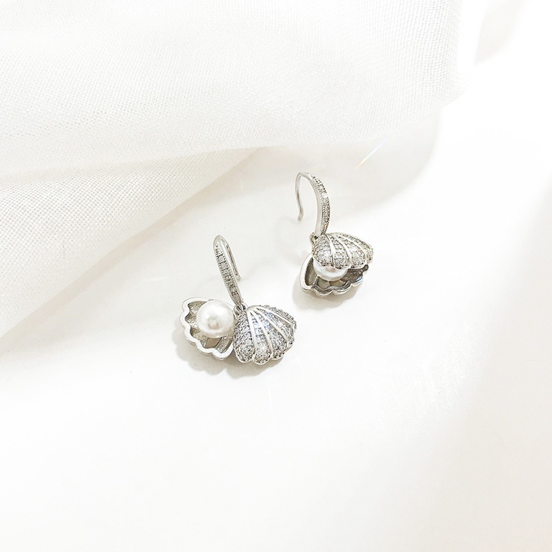 Bông tai trang trí hình vỏ sò đính đá zircon phong cách Hàn Quốc