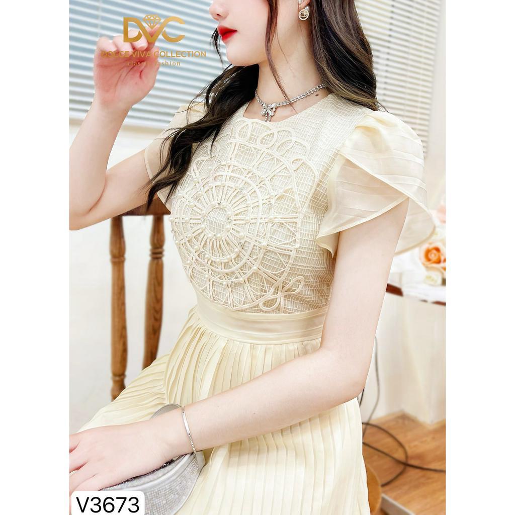 VÁY NỮ DÁNG DÀI, VÁY ĐI CHƠI BE XẾP LY PHỐI REN LƯỚI ĐÍNH NGỌC TIỂU THƯ V3673 - DVC