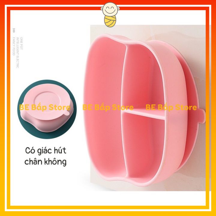 ⚡SET 4 MÓN⚡ Khay Ăn Dặm Silicon Chống Trượt 3 Ngăn Cao Cấp Kèm Thìa Dĩa Ống Hút, Có Đế Hút Chân Không Chống Đổ Siêu Xịn