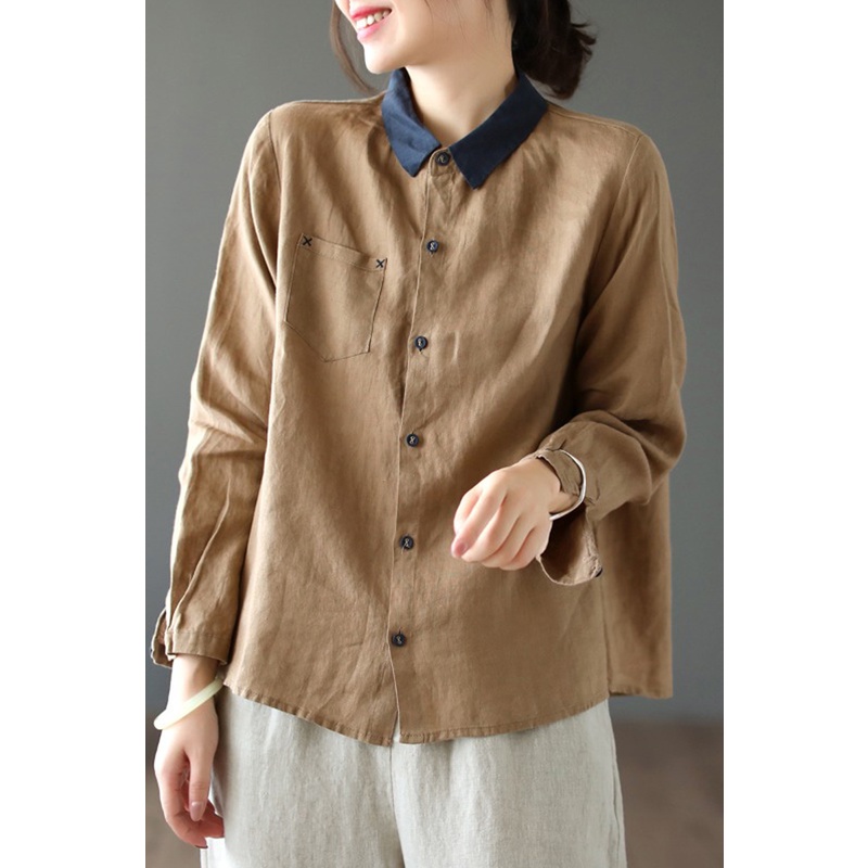Áo kiểu bằng cotton lanh mát tay dài thời trang nữ