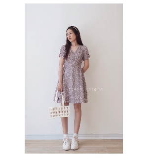 Đầm ngắn tím lilac hoa nhỏ xoè tay nhún xinh xắn nữ tính phong cách Hàn Quốc