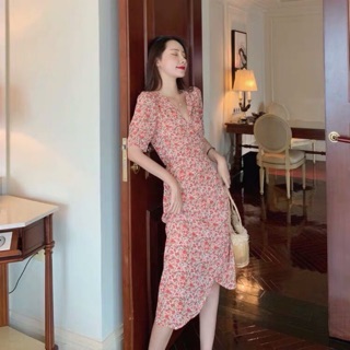 Váy hoa nhí hồng dáng dài đắp vạt