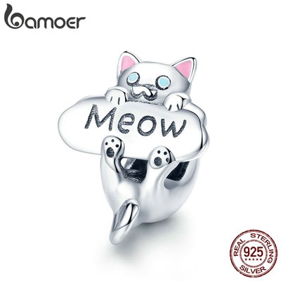 BAMOER Hạt Charm Bạc 925 Hình Mèo Dùng Làm Trang Sức DIY