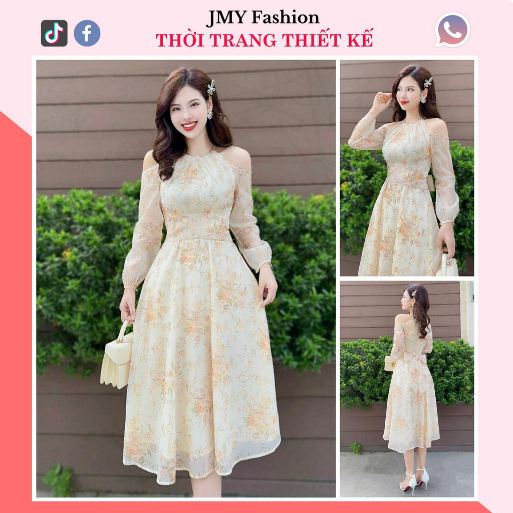 V291 Váy voan hoa cam cổ yếm dài tay  váy đầm voan hoa xoè dài khoét vai cổ yếm đi biển