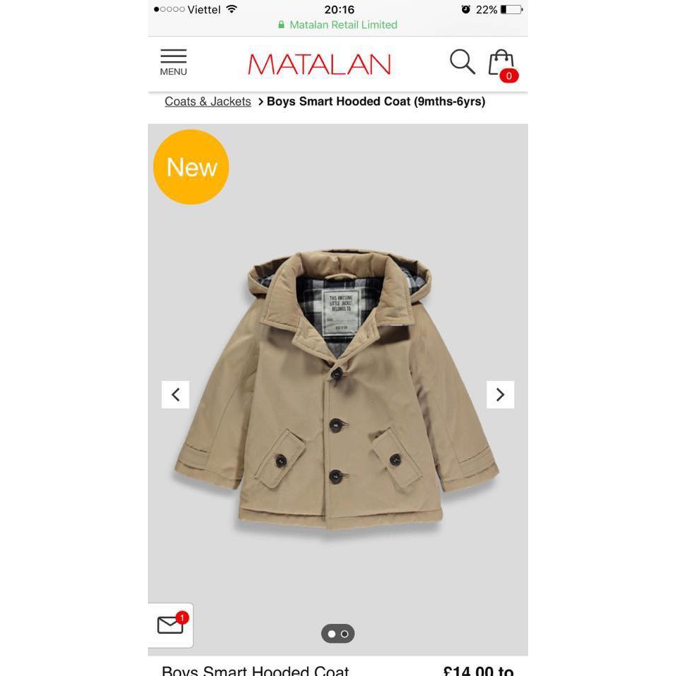 Áo Manto Bé Trai Cúc Giữa Matalan