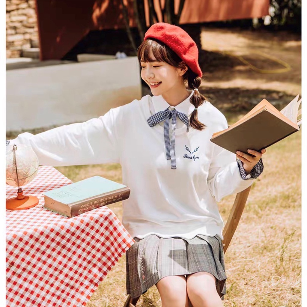 THANH LÝ HÀNG TRÁI MÙA Áo Sweater cổ sơ mi có kèm nơ cực dễ thương