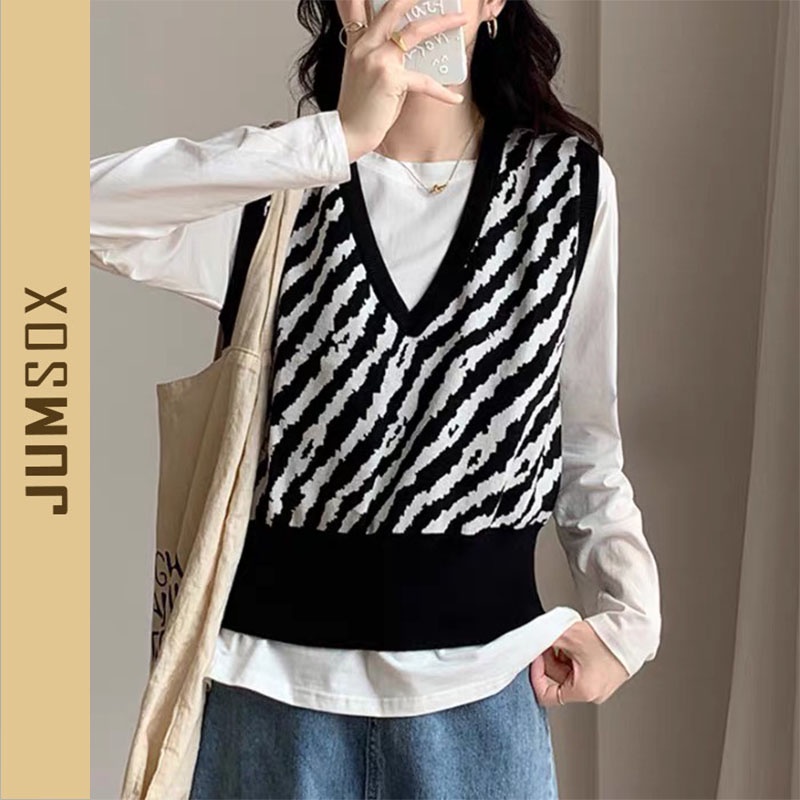 Áo gile len họa tiết vằn đen dáng ngắn Hàn Quốc- JUMSOX- JS0109