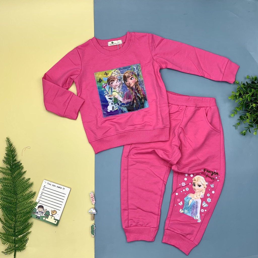 Bộ nỉ da cá thu đông dài tay hình Elsa 3D bé gái size 3-10T, cho bạn từ 12-30kg. Chất cotton ấm dày dặn, đanh tay, đẹp
