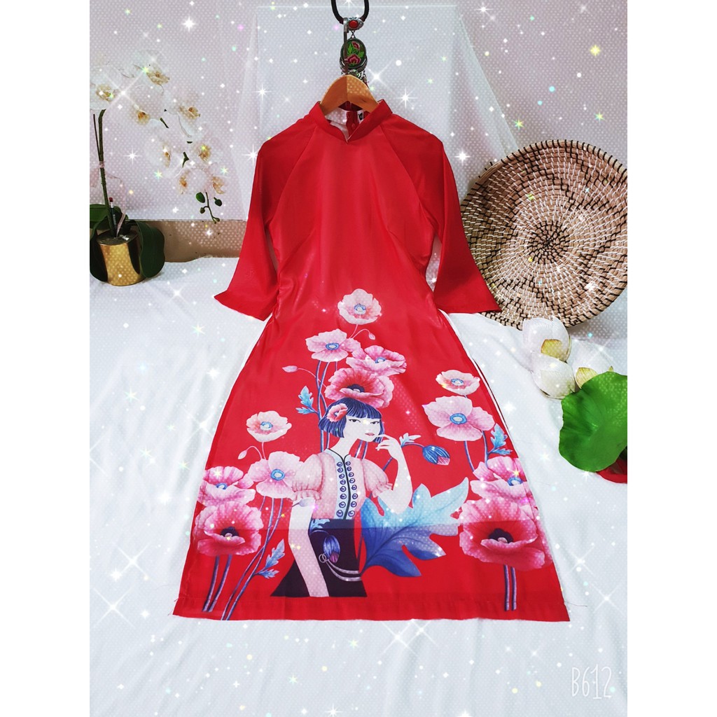 Áo dài lụa 🎀FREESHIP🎀Áo dài cách tân đỏ in hình cô gái | BigBuy360 - bigbuy360.vn