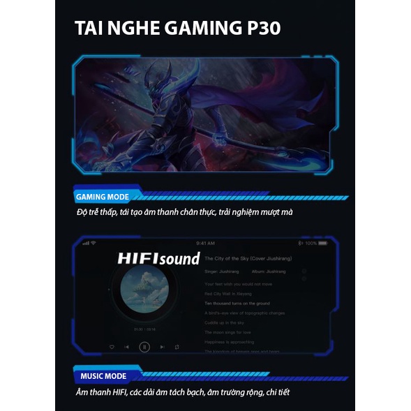 Tai nghe bluetooth 5.2 Gaming P30 TWS, Âm thanh HIFI cao cấp, Bluetooth 5.0, Chống ồn ANC