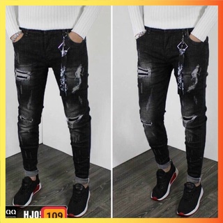 Quần jean nam Rin Chất Bò Đen Rách Gối Ống Côn Cao Cấp Form Chuẩn Co Giãn HG155