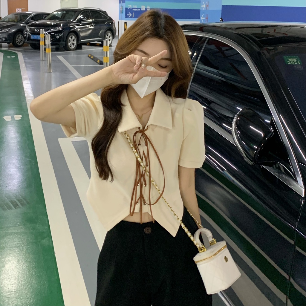 Porozi Áo croptop tay ngắn dáng ôm kiểu Hàn Quốc dễ thương cho nữ