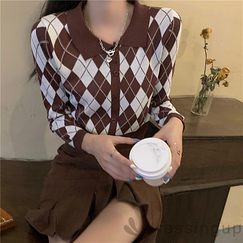 Áo sweater tay dài cổ bẻ phối nút đính đá thời trang cho nữ