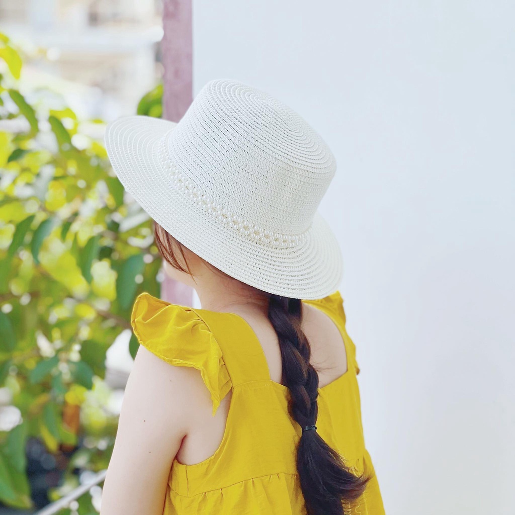 Mũ cói Boater - đai ngọc 2 hàng - mẫu mới (đóng hộp)