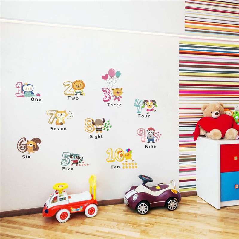 1 Set sticker Dán Tường Trang Trí Phòng Bé Hình Động Vật Và Chữ Số