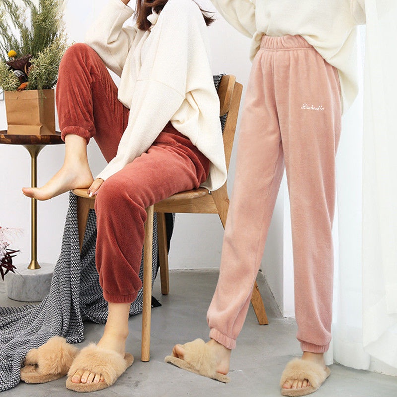 Quần ngủ dài bằng vải nỉ san hô dày dặn giữ ấm eo co giãn cỡ lớn thời trang thu đông hàng mới | BigBuy360 - bigbuy360.vn