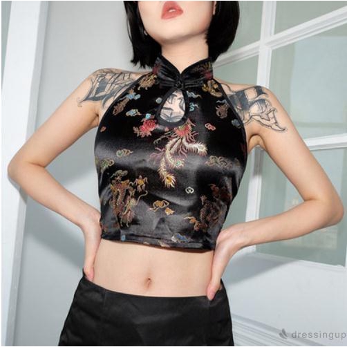 Áo Croptop Không Tay Cổ Chữ V Khoét Sâu Thêu Hình Rồng Gợi Cảm