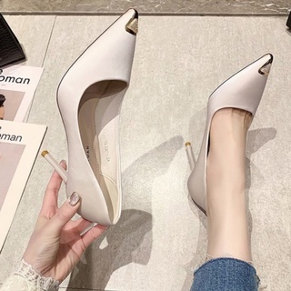 Giày cao gót mũi nhọn trơn bít mũi kim loại gót nhọn công sở phong cách sexy Pháp