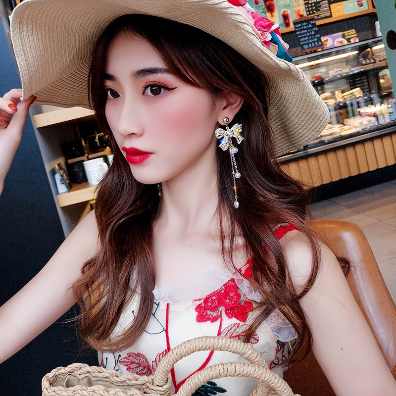 Bông tai mạ bạc 925 hình nơ đính ngọc trai thiết kế thời trang cho nữ