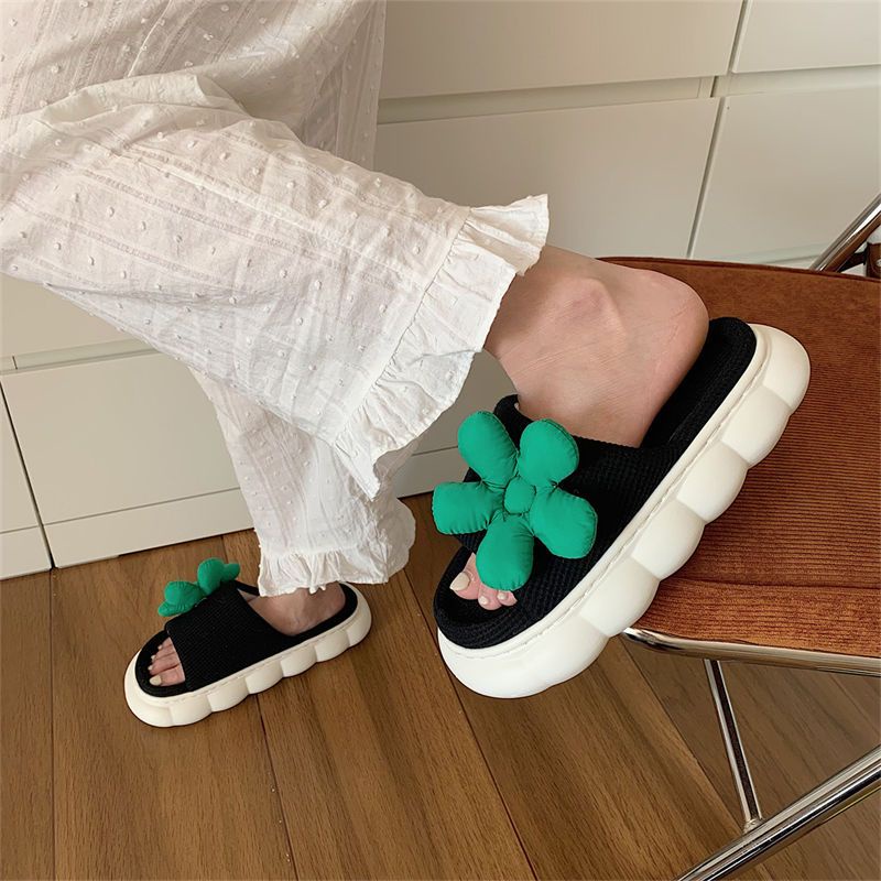 Oeteo Dép Đi Trong Nhà Đế Dày Bằng Vải Lanh Cotton Họa Tiết Hoa Cho Nữ