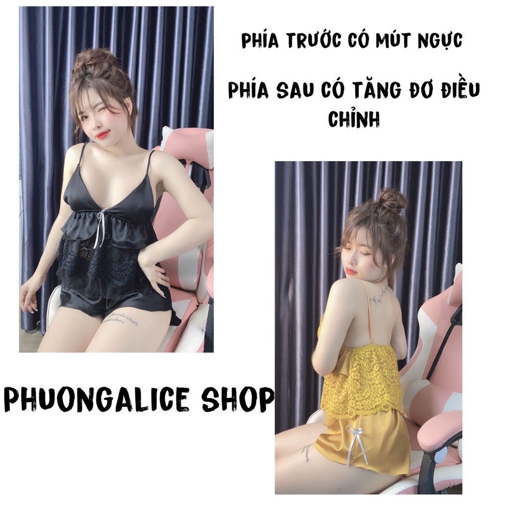 Đồ ngủ sexy nữ gợi cảm, đổ ngủ 2 dây, bộ ngủ lụa cao cấp phối ren có mút ngực- Phuongaliceshop