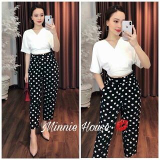 Set áo cổ V quần chấm bi