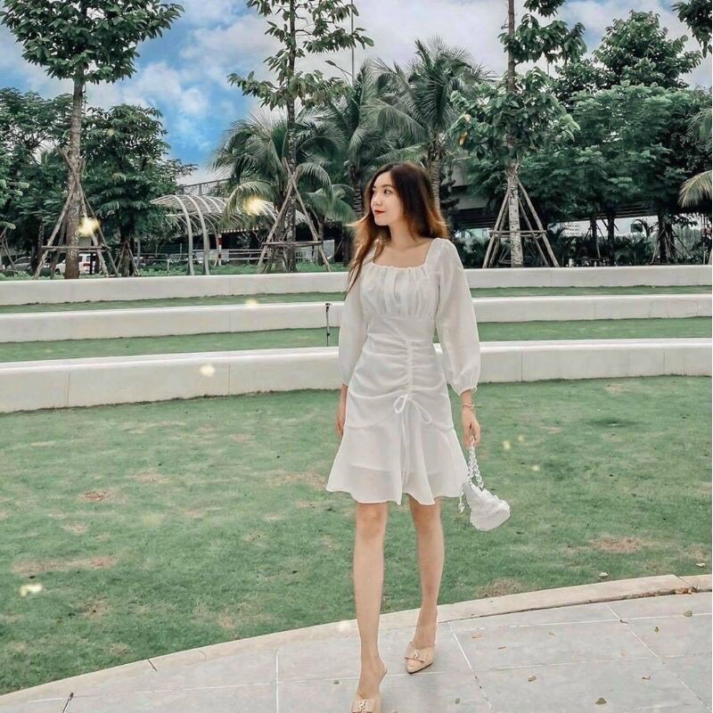 Đầm nhúng ngực tùng rút dây tay dài 2 màu