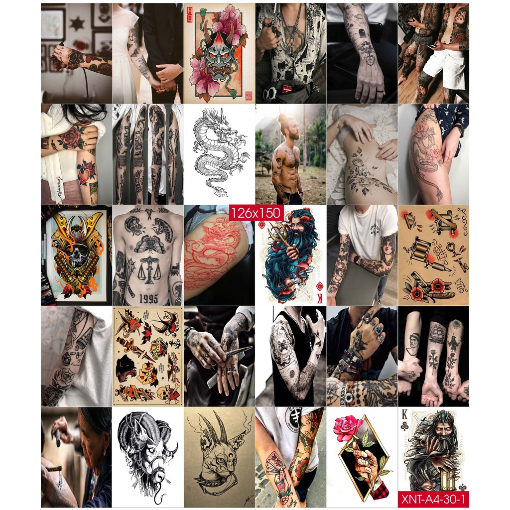 Combo Set 50 tờ Decal dán tường Phun Xăm Nghệ Thuật Khổ A3,A4,A5