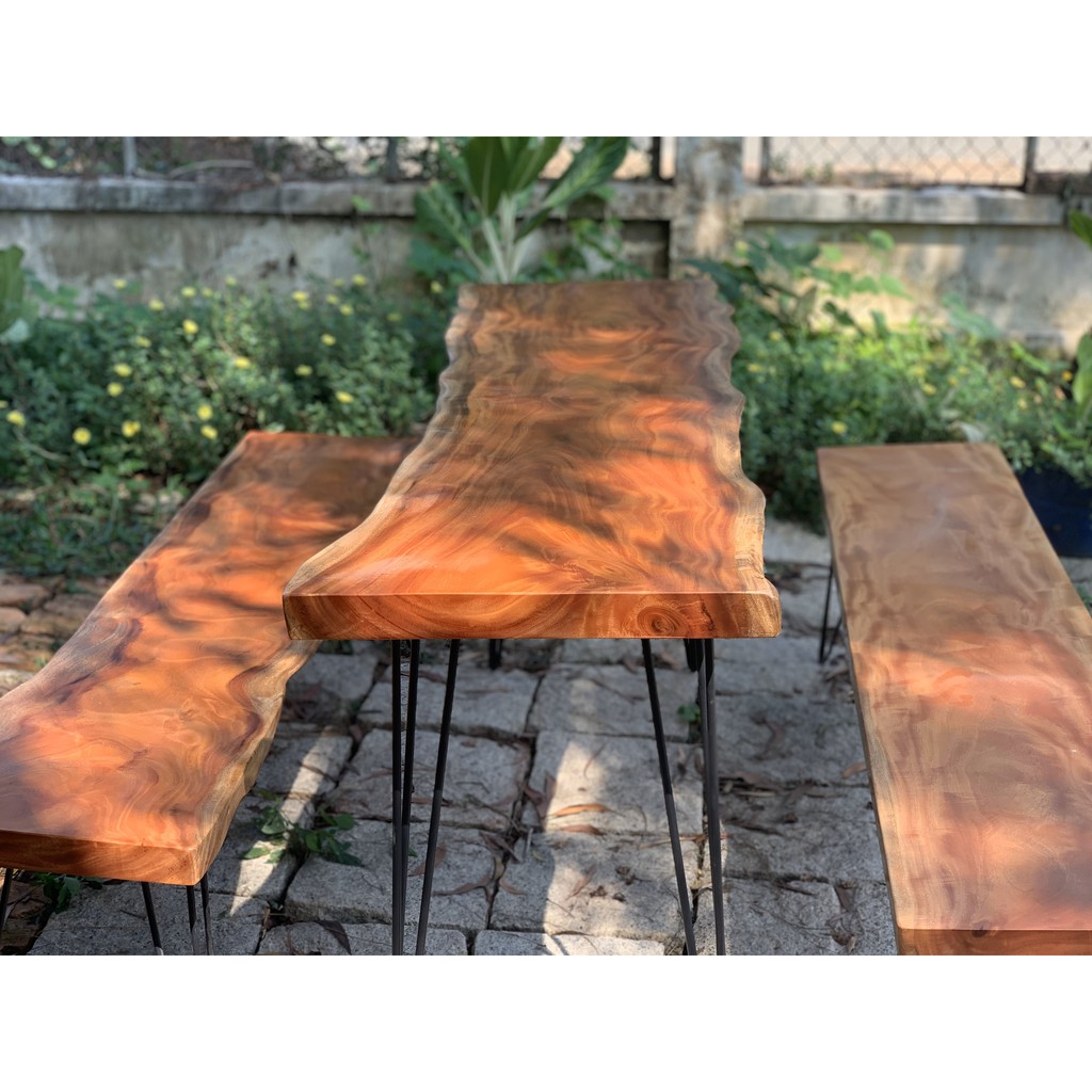 Bộ 1 bàn 2 ghế dài 1m49 -1m60 gỗ xà cừ tự nhiên nguyên tấm