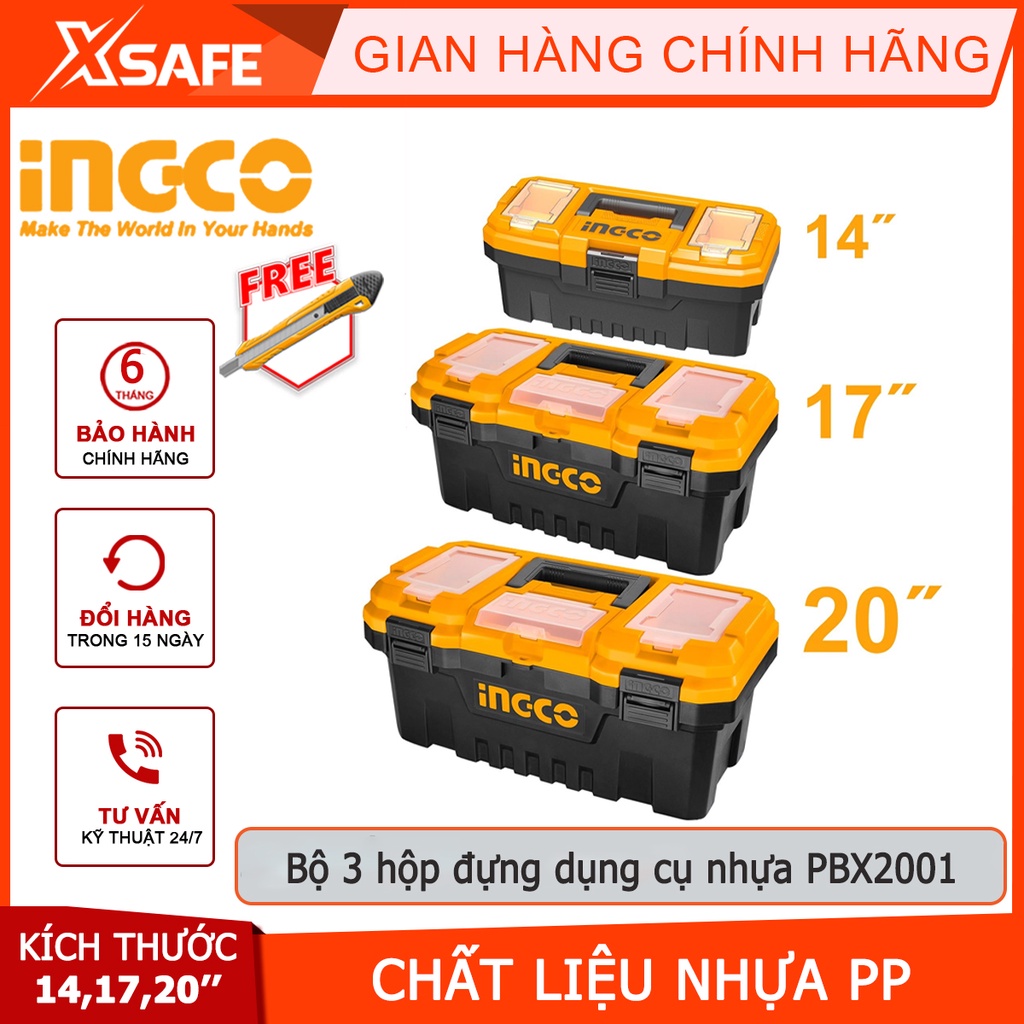 Bộ 3 hộp nhựa đựng dụng cụ INGCO PBX2001 Bộ 3 thùng đựng đồ nghề khóa nhựa PP, tay cầm độ bền cao - Chính hãng [XSAFE]