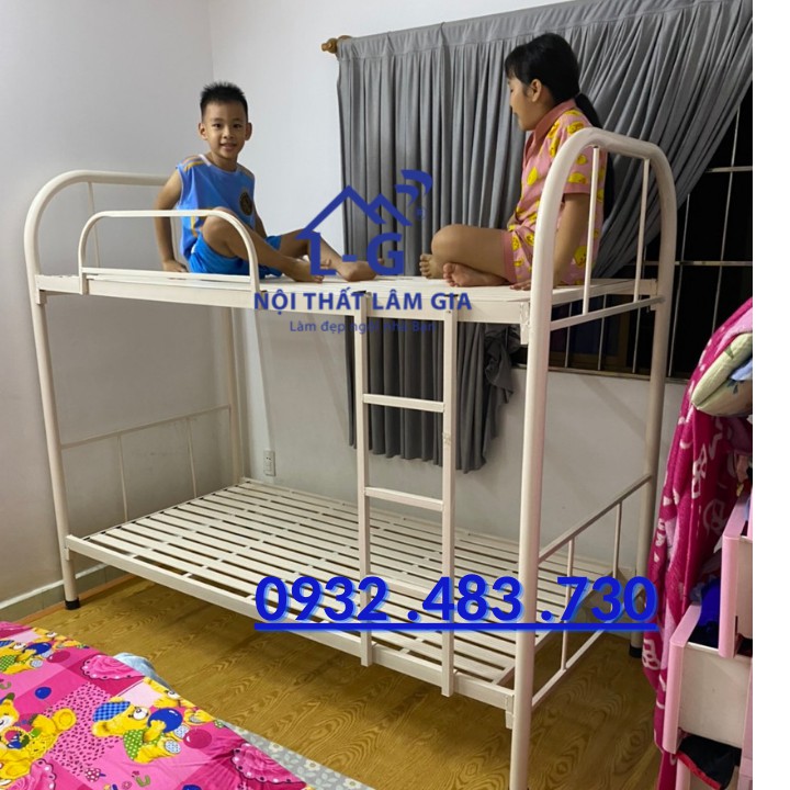 Giường Sắt Tầng ống tròn sơn tĩnh điện bền, đẹp, rẻ Ngang 1mx1mx2m màu xanh